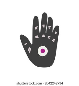 Fortune Teller Hand with Palmistry diagram, hand-drawn all seeing eye. Vector vintage illustration for tattoo template, magic alchemy spirituality zodiac symbol.