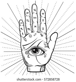 Fortune Teller Hand with Palmistry diagram, hand-drawn all seeing eye. Vector vintage illustration for tattoo template, magic alchemy spirituality zodiac symbol.