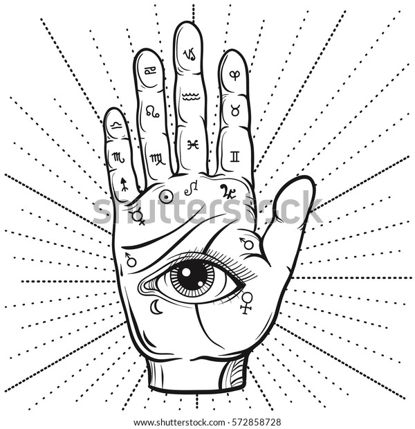Fortune Teller Hand with\
Palmistry diagram, hand-drawn all seeing eye. Vector vintage\
illustration for tattoo template, magic alchemy spirituality zodiac\
symbol.