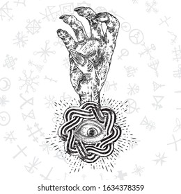 Fortune Teller hand or witch hand with all seeing eye. Mystic and occult symbols. Palmistry concept of spirituality, astrology and esoteric concept. Magic black ink tattoo flash idea. Vector