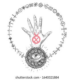 Fortune Teller hand or witch hand with all seeing eye. Mystic and occult symbols. Palmistry concept of spirituality, astrology and esoteric concept. Magic black ink tattoo flash idea. Vector