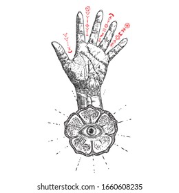 Fortune Teller hand or witch hand with all seeing eye. Mystic and occult symbols. Palmistry concept of spirituality, astrology and esoteric concept. Magic black ink tattoo flash idea. Vector