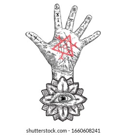 Fortune Teller hand or witch hand with all seeing eye. Mystic and occult symbols. Palmistry concept of spirituality, astrology and esoteric concept. Magic black ink tattoo flash idea. Vector