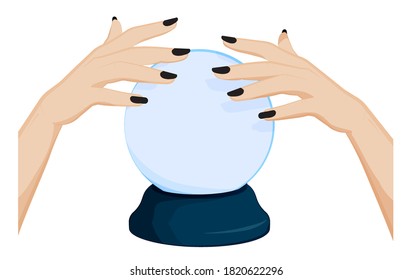 fortune teller hands over a crystal ball. Prediction of future, astrology. Cartoon vector on white background
