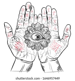 Fortune Teller hands or witch hands with all seeing eye. Mystic and occult symbols. Palmistry concept of spirituality, astrology and esoteric concept. Magic black ink tattoo flash idea. Vector