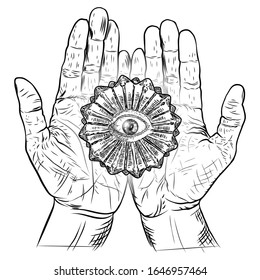 Fortune Teller hands or witch hands with all seeing eye. Mystic and occult symbols. Palmistry concept of spirituality, astrology and esoteric concept. Magic black ink tattoo flash idea. Vector