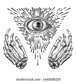 Fortune Teller hands or witch hands with all seeing eye. Mystic and occult symbols. Palmistry concept of spirituality, astrology and esoteric concept. Magic black ink tattoo flash idea. Vector