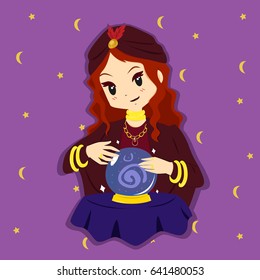 a fortune teller with her hand around a crystal ball