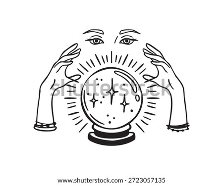 Fortune teller holding crystal ball in hands, monochrome line art hand drawn style. Vector illustration.
