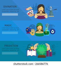 Fortune teller horizontal banner set with divination and magic prediction flat elements isolated vector illustration