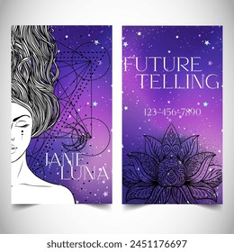 Fortune teller, human design, spiritual coach, mystic healer business card design template. Vector illustration. Magic.