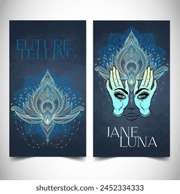 Fortune teller, human design, spiritual coach, mystic healer business card design template. Vector illustration. Magic.