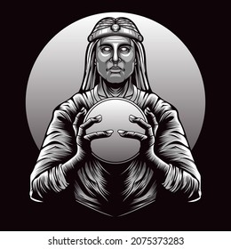 ilustración de adivino con bola mágica para camiseta, ilustración de pegatinas.
