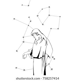 Fortune Teller. Isolated vector illustration. Ancient man and constellations. Based on hand drawn original style sketch.