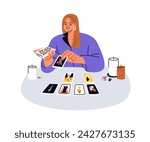 Fortune teller laying tarot cards spread. Taro reader telling future, prediction. Fortuneteller, esoteric divination, forecasting, predicting. Flat vector illustration isolated on white background