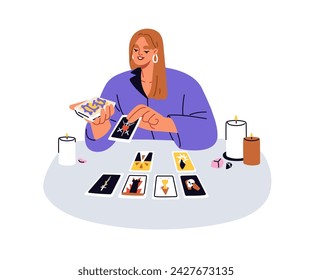 Fortune teller laying tarot cards spread. Taro reader telling future, prediction. Fortuneteller, esoteric divination, forecasting, predicting. Flat vector illustration isolated on white background