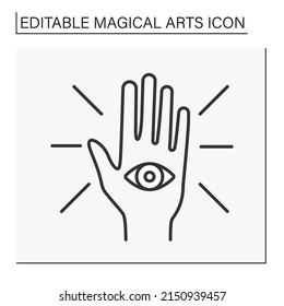  Fortune Teller Line Icon. Third Eye On Palm. Seecrees. Future Predictions. Magical Arts Concept. Isolated Vector Illustration. Editable Stroke