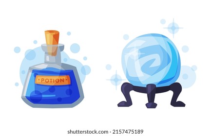 Cuentador de fortuna bola de cristal mágico y botella de poción, atributos brujería ilustración vectorial