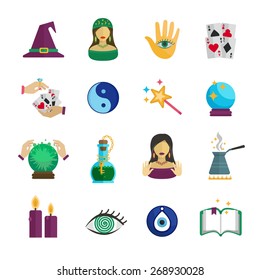 Fortune teller magician and paranormal symbols icon flat set isolated vector illustration