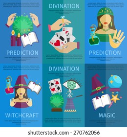 Fortune teller mini poster set with witchcraft magic prediction and divination promo isolated vector illustration