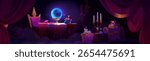 Fortune teller mystical scene with glowing crystal ball on wooden table, purple curtains, burning candles in holder, spell books and potions. Dark magic chamber interior for fantasy game design.