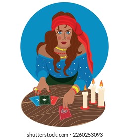 Fortune teller with oracle cards on white background