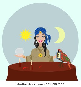fortune teller with parrot predicts the future and luck 