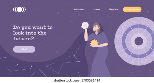 Fortune teller predicting future online practice flat website banner with holding crystal ball clairvoyant woman vector illustration 