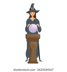 Glücksbringer, der die Zukunft mit Kristallkugel vorhersagt, Hexe, die die magische Kugel über dem Holzständer hält