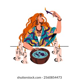 Fortune teller predicts future by wax in bowl of water. Witch holds burning candle in hand, telling destiny, does divination. Fortuneteller does prophecy. Flat isolated vector illustration on white