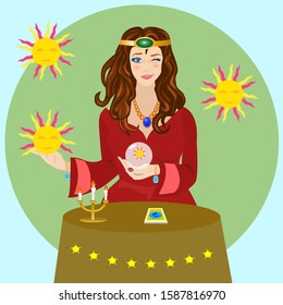 fortune teller predicts the future, luck, work with the emblem of the sun