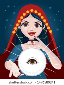 Fortune teller psychic woman using magic crystal ball with all seeing eye inside