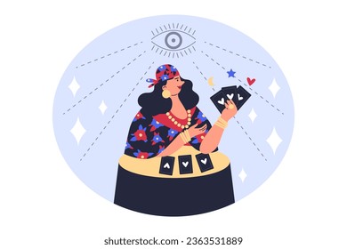 Fortune teller reading tarot cards and prediction future, flat vector illustration isolated on white background. Witchcraft and divination. Gypsy mysterious woman.