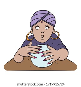 a fortune teller sits in front of a crystal ball and looks into it with her eyes wide open. helloween, comic, avatar.