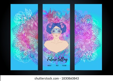 Fortune Teller, Spiritual Coach, Mystic Healer Business Card Design Template. Vector Illustration. Magic Woman.