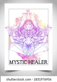 Fortune Teller, Spiritual Coach, Mystic Healer Business Card Design Template. Vector Illustration. Magic Woman.