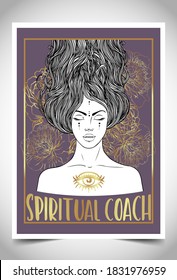 Fortune Teller, Spiritual Coach, Mystic Healer Business Card Design Template. Vector Illustration. Magic Woman.