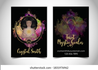 Fortune Teller, Spiritual Coach, Mystic Healer Business Card Design Template. Vector Illustration. Magic Woman.