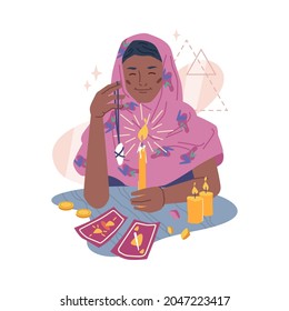 Fortune teller supernatural paranormal soothsayer mystic medium girl fortune-telling on stone and tarot cards isolated flat cartoon character. Vector destiny predicting gypsy woman, burning candle