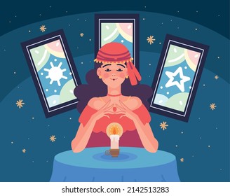 fortune teller with tarot cards and candle