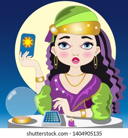 Fortune teller with tarot and full moon
