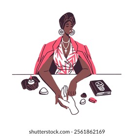 Fortune teller telling destiny by fate lines. Black fortuneteller makes divination with palmistry outline. Woman predicts future by palm reading. Flat isolated hand drawn vector illustration on white