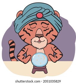 Fortune Teller Tiger looking into Crystal ball. An animal in a Turban and with a Ball for Predictions Vector Cartoon Illustration
