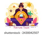 Fortune Teller Vector Illustration with Crystal Ball, Magic Book or Tarot for Predicts Fate and Telling the Future Concept in Flat Cartoon Background