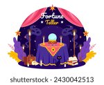 Fortune Teller Vector Illustration with Crystal Ball, Magic Book or Tarot for Predicts Fate and Telling the Future Concept in Flat Cartoon Background