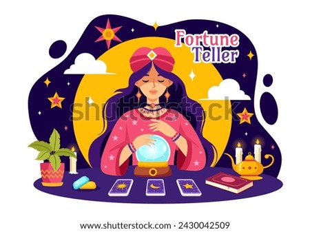 Fortune Teller Vector Illustration with Crystal Ball, Magic Book or Tarot for Predicts Fate and Telling the Future Concept in Flat Cartoon Background