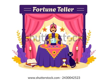 Fortune Teller Vector Illustration with Crystal Ball, Magic Book or Tarot for Predicts Fate and Telling the Future Concept in Flat Cartoon Background