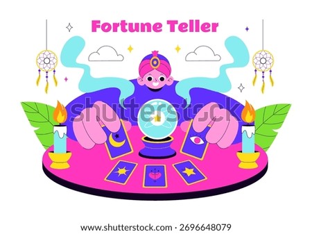 Fortune Teller Vector Illustration with Crystal Ball, Magic Book, and Tarot Cards for Predicting Destiny and Telling the Future in a Flat Background