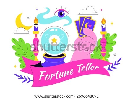 Fortune Teller Vector Illustration with Crystal Ball, Magic Book, and Tarot Cards for Predicting Destiny and Telling the Future in a Flat Background