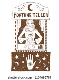 Fortune teller. Vector monochrome illustration on white isolated background